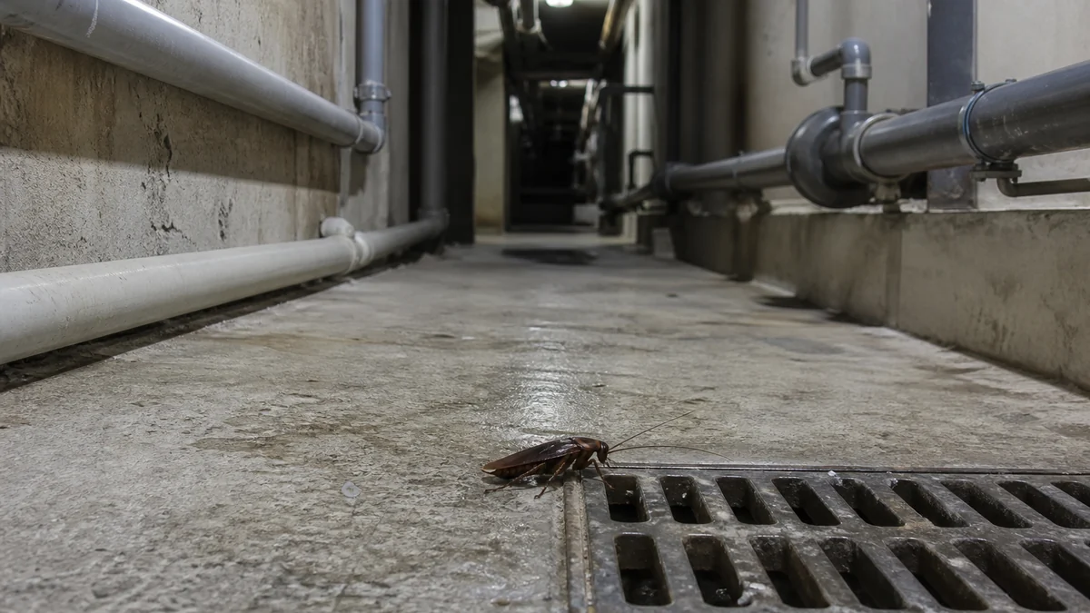 Pasillo de servicios de un edificio con tuberías, tapas de desagüe y una cucaracha junto a un sumidero