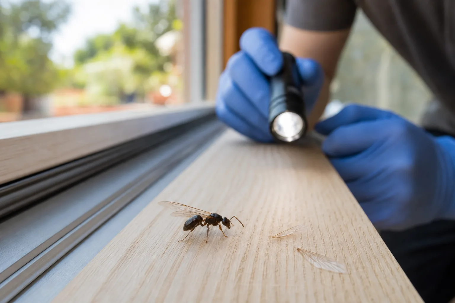 Hormiga alada inspeccionada en un marco de ventana en Castelldefels
