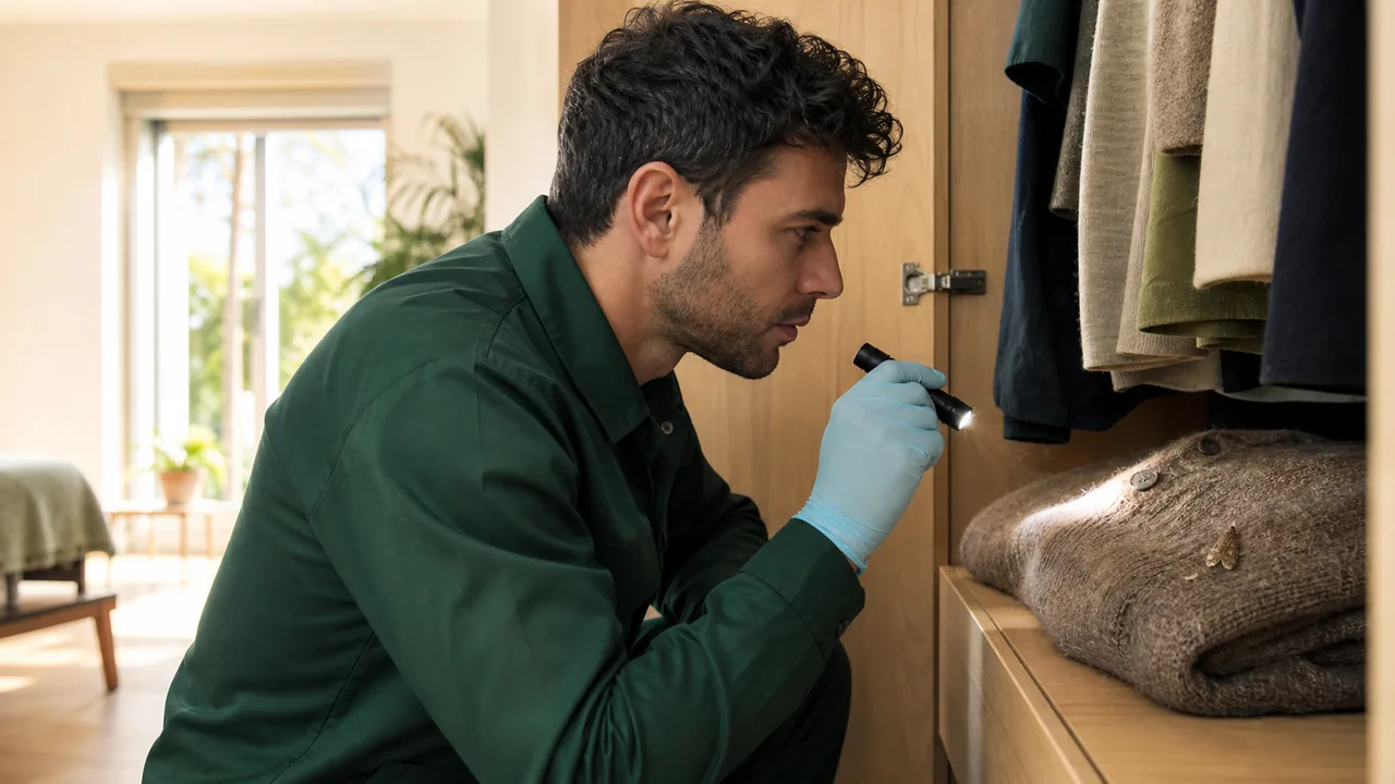 Técnico inspeccionando polillas en un armario de Castelldefels